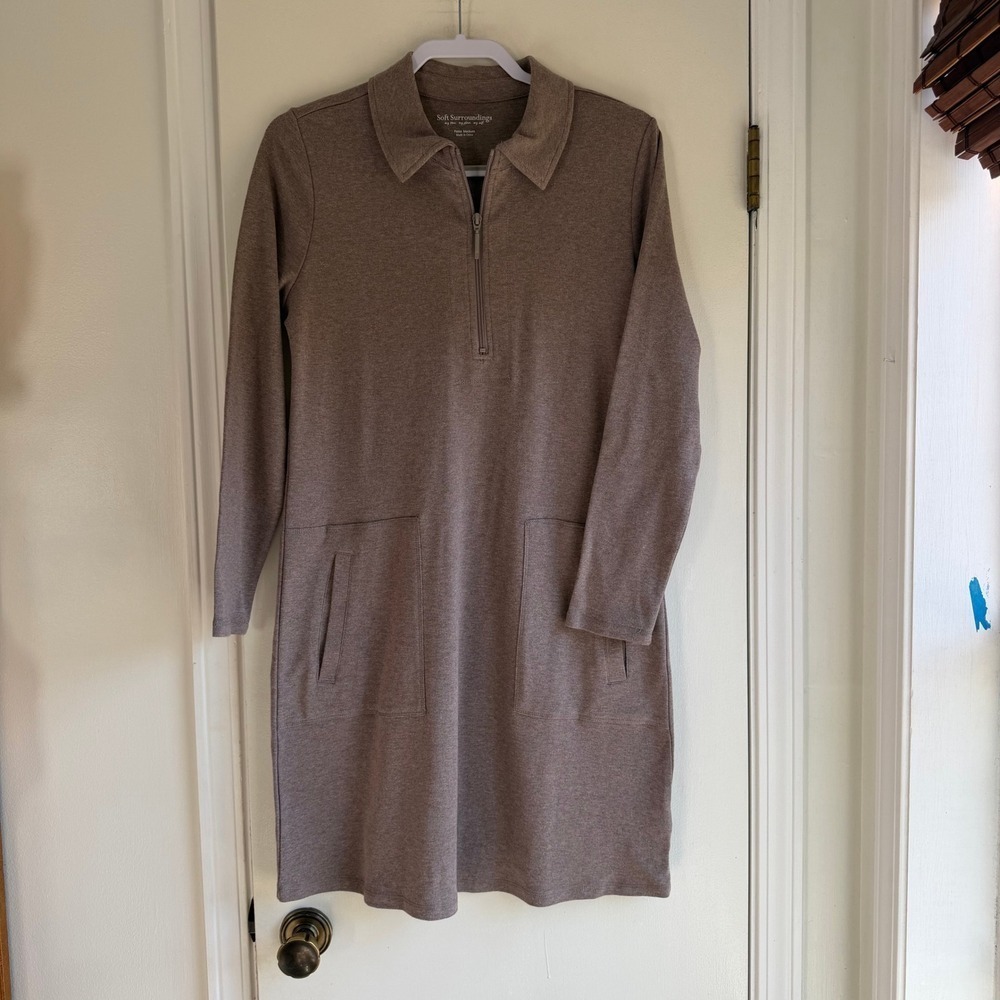 Soft Surroundings Womens Petite Medium Taupe Cotton Quarter Zip Knit Dress